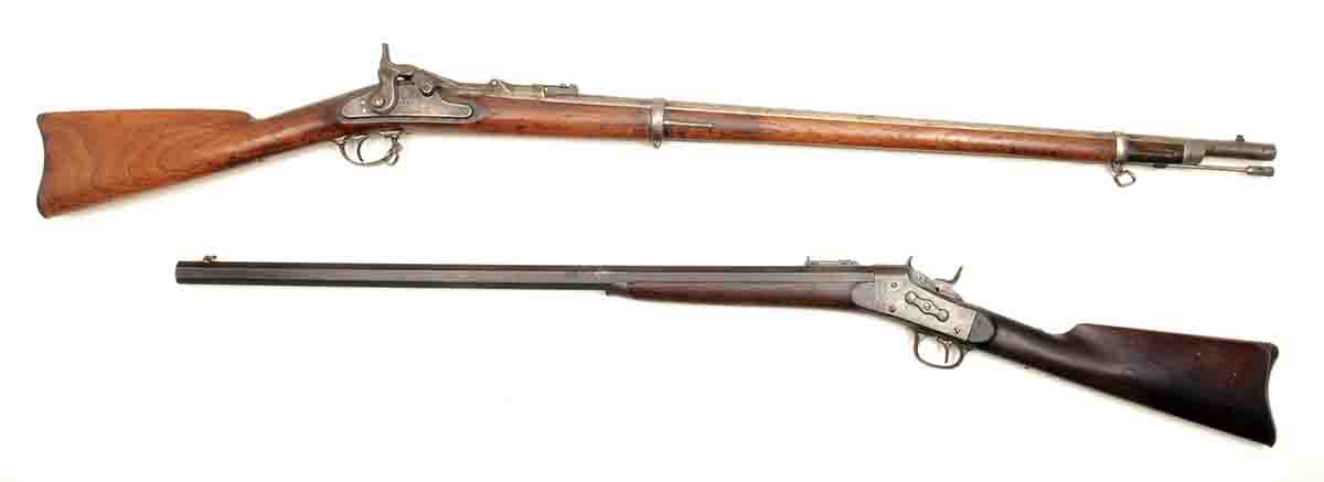 Two early .50-70 black powder cartridge rifles include a U.S. Model 1868 at top and a Remington No. 1 rolling block.